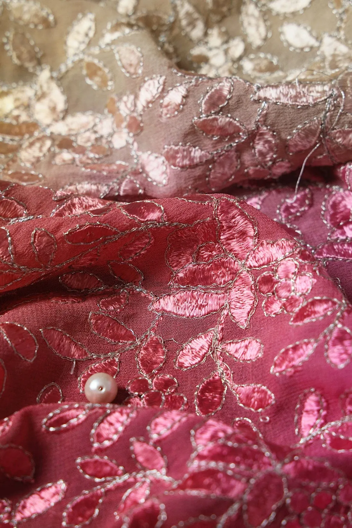1 Meter Cut Piece Of Multi Thread With Zari Leafy Embroidery On Multi Color Viscose Georgette Fabric