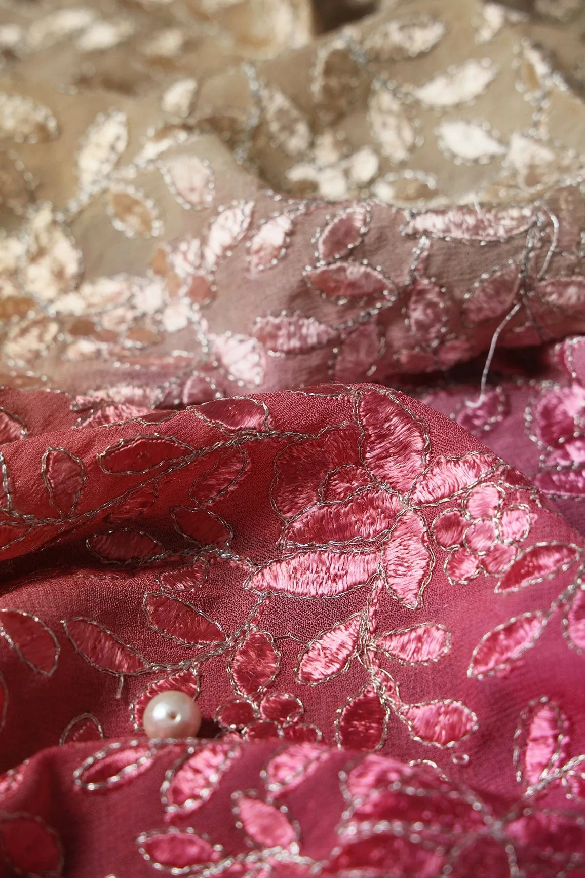 1 Meter Cut Piece Of Multi Thread With Zari Leafy Embroidery On Multi Color Viscose Georgette Fabric