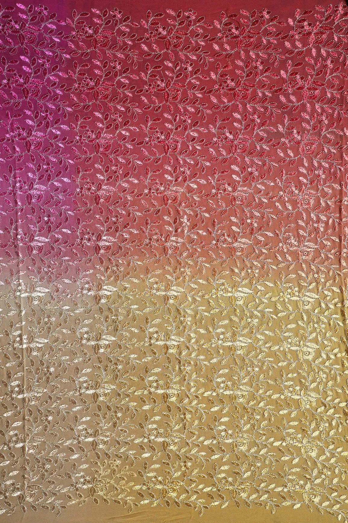 1 Meter Cut Piece Of Multi Thread With Zari Leafy Embroidery On Multi Color Viscose Georgette Fabric