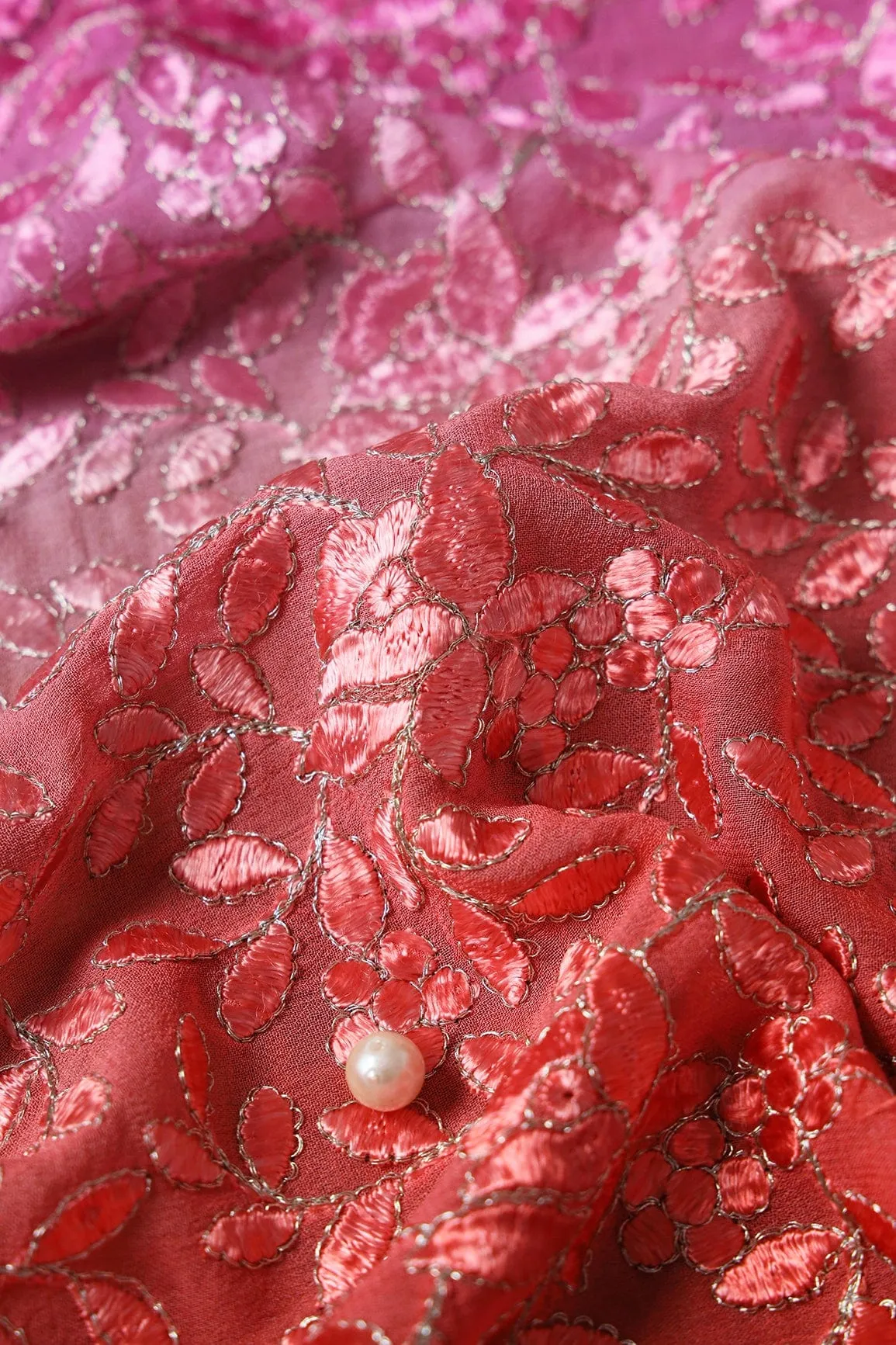 1.25 Meter Cut Piece Of Multi Thread With Zari Leafy Embroidery On Multi Color Viscose Georgette Fabric