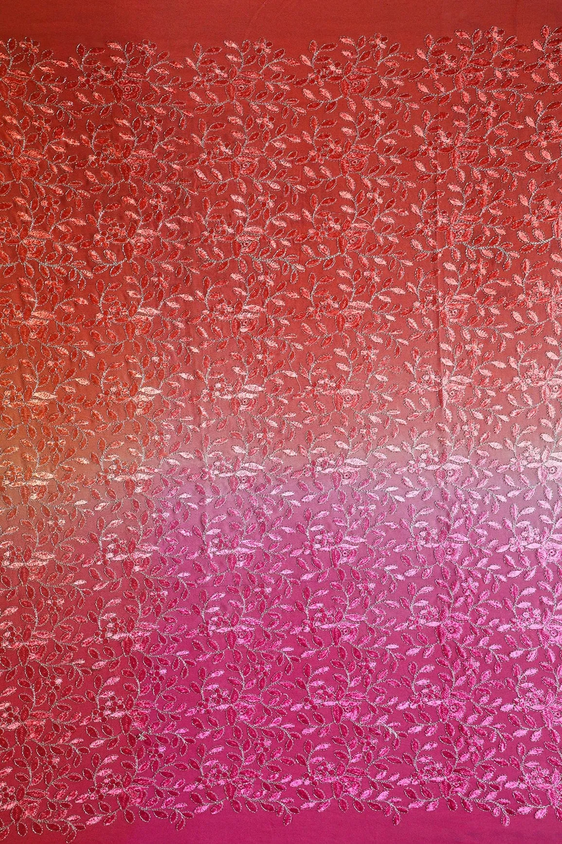 1.25 Meter Cut Piece Of Multi Thread With Zari Leafy Embroidery On Multi Color Viscose Georgette Fabric