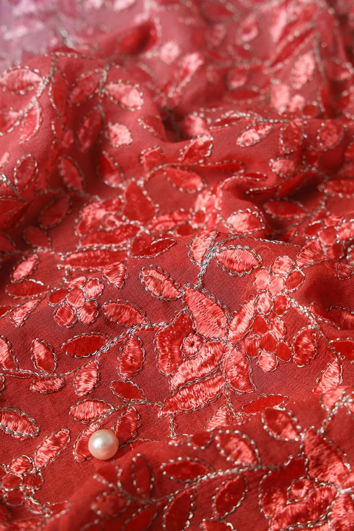 1.25 Meter Cut Piece Of Multi Thread With Zari Leafy Embroidery On Multi Color Viscose Georgette Fabric