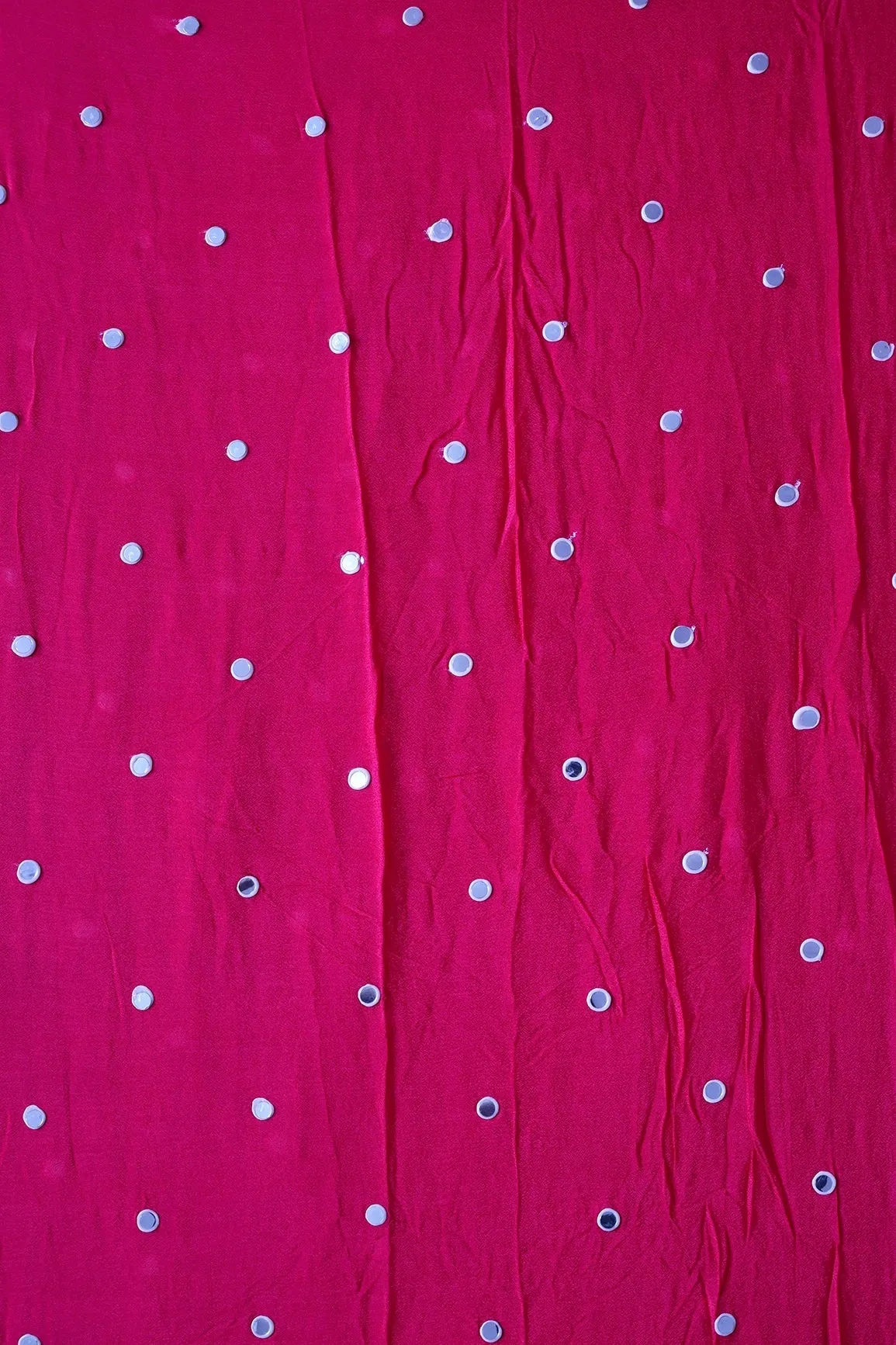 1.25 Meter Cut Piece Of Real Mirror Embroidery Work On Fuchsia Viscose Chinnon Chiffon Fabric