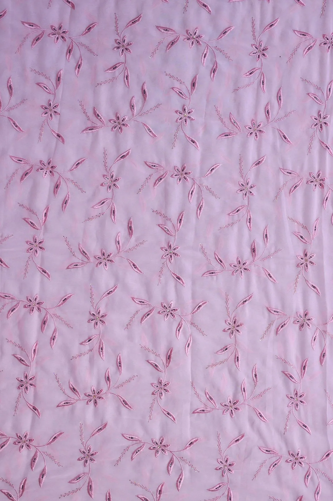 1.50 Meter Cut Piece Of Pink Thread With Sequins Floral Embroidery On Pink Georgette Fabric