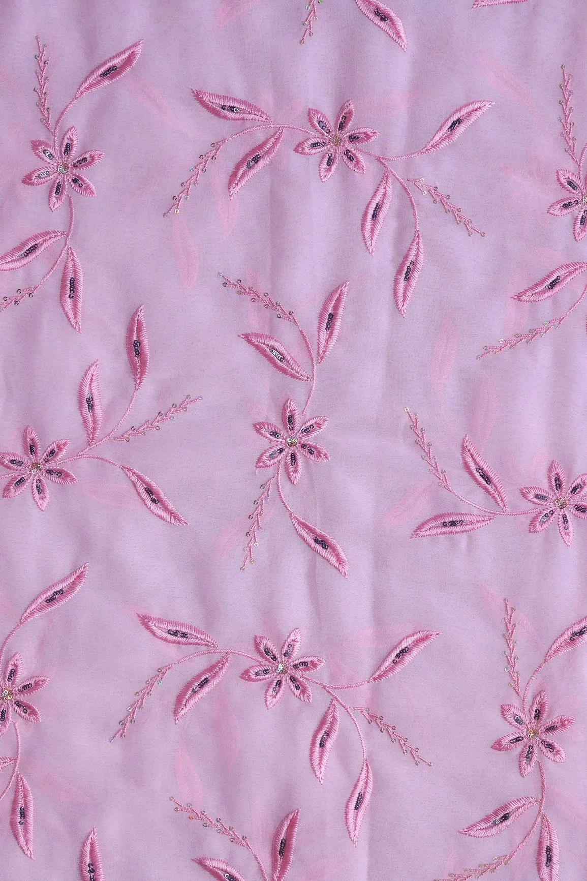 1.50 Meter Cut Piece Of Pink Thread With Sequins Floral Embroidery On Pink Georgette Fabric
