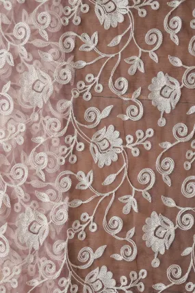 1.50 Meter Cut Piece Of White Thread Floral Embroidery On Mauve Soft Net Fabric