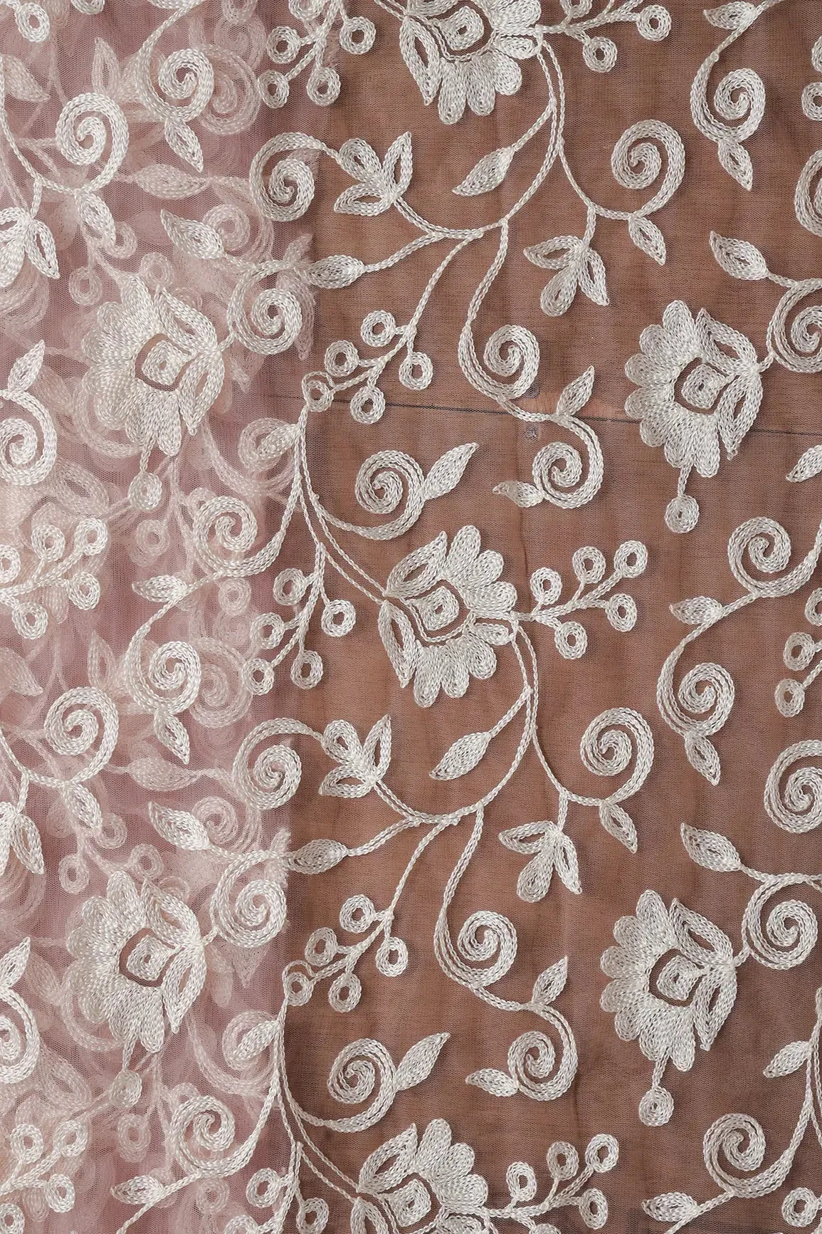 1.50 Meter Cut Piece Of White Thread Floral Embroidery On Mauve Soft Net Fabric