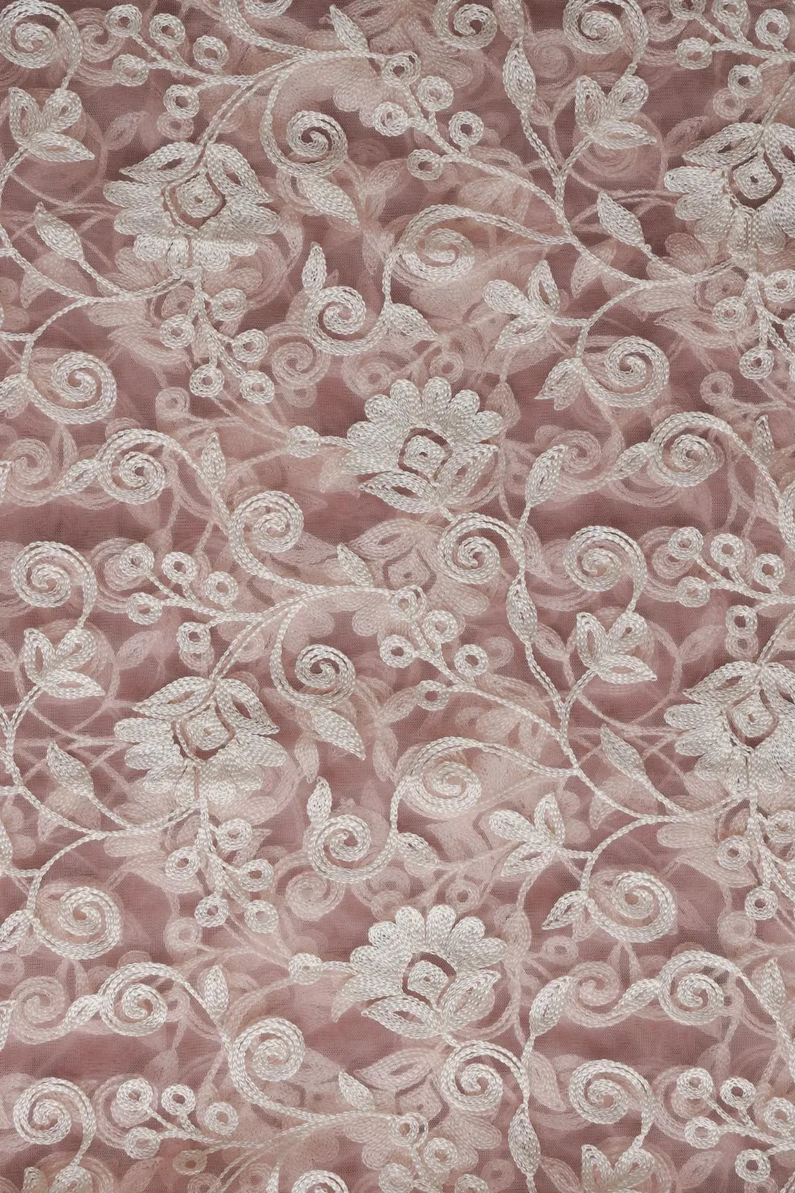 1.50 Meter Cut Piece Of White Thread Floral Embroidery On Mauve Soft Net Fabric