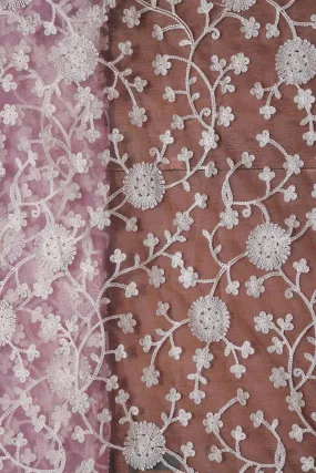 2 Meter Cut Piece Of White Thread Floral Embroidery On Lilac Purple Soft Net Fabric