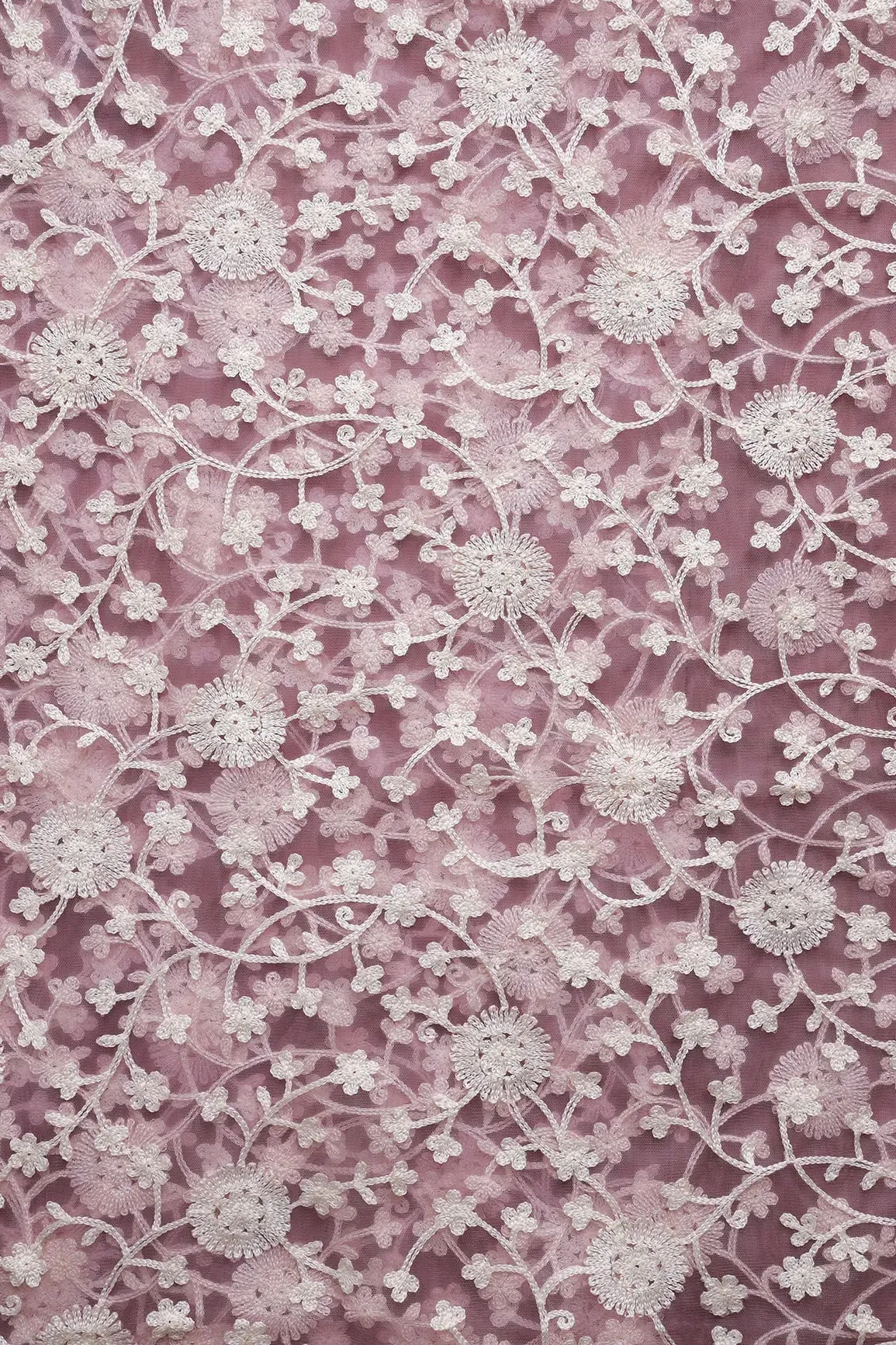 2 Meter Cut Piece Of White Thread Floral Embroidery On Lilac Purple Soft Net Fabric