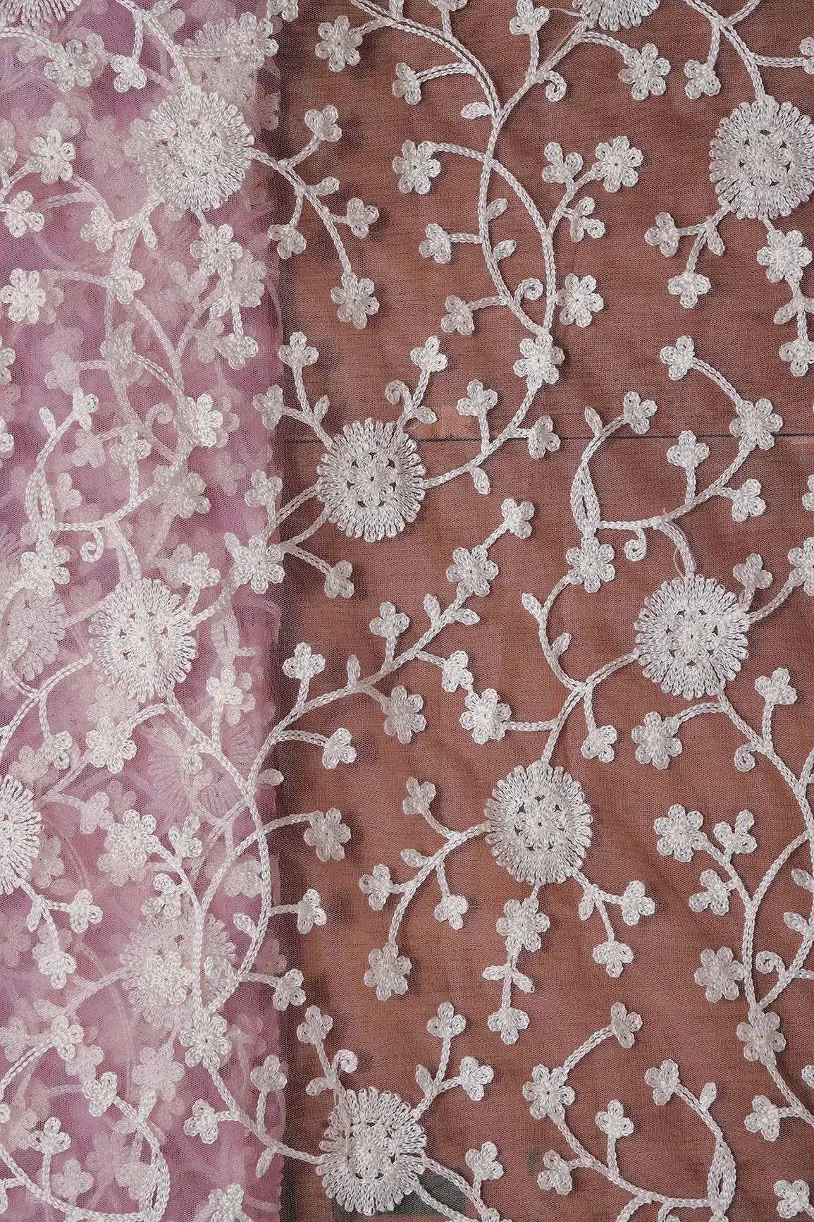 2 Meter Cut Piece Of White Thread Floral Embroidery On Lilac Purple Soft Net Fabric