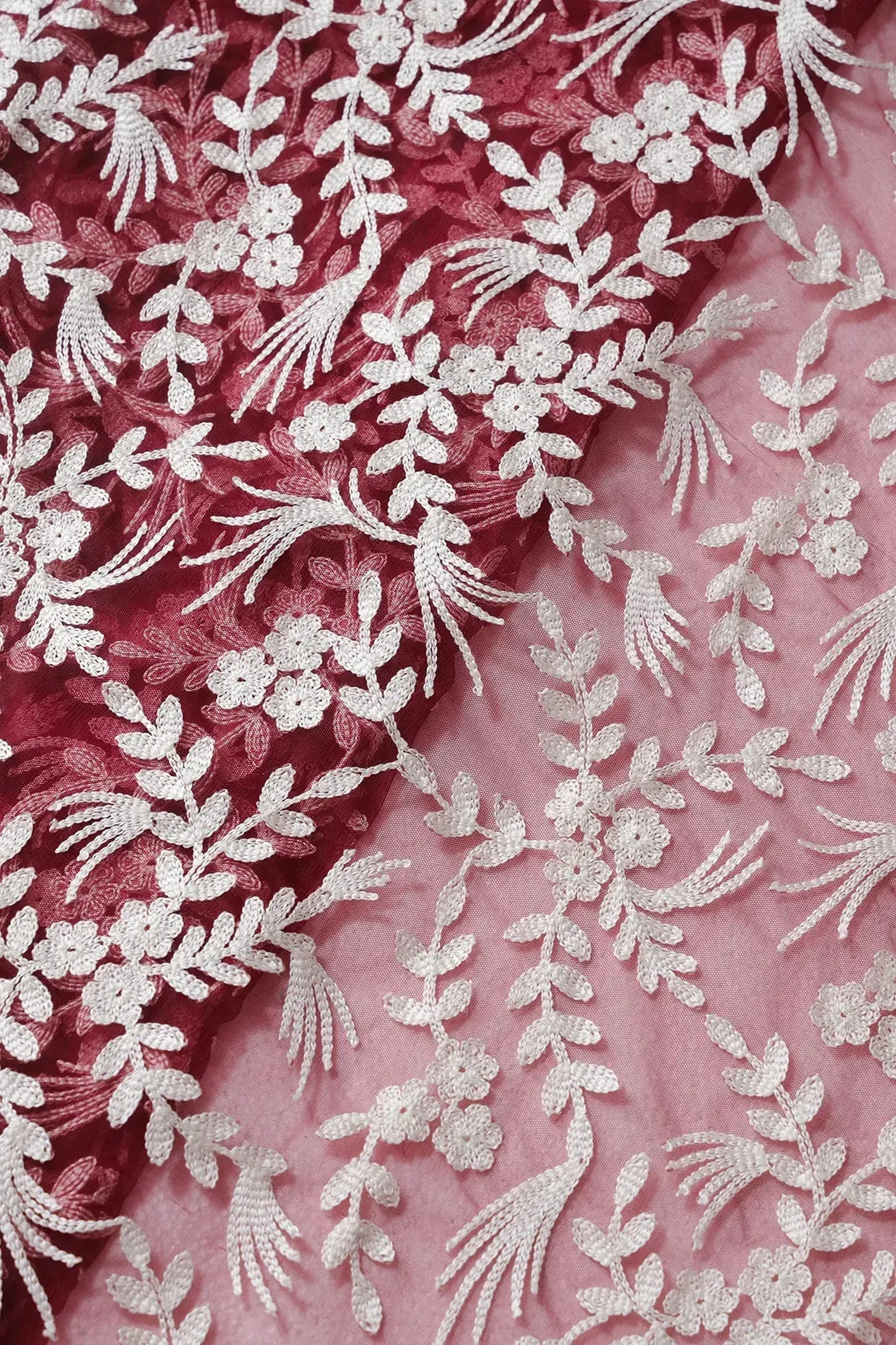 2.25 Meter Cut Piece Of White Thread Floral Embroidery On Maroon Soft Net Fabric