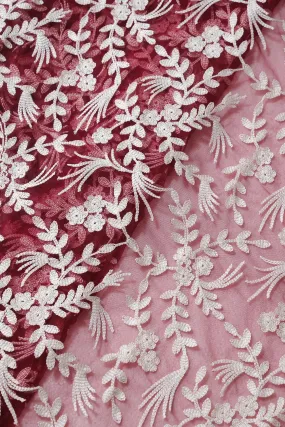 2.25 Meter Cut Piece Of White Thread Floral Embroidery On Maroon Soft Net Fabric