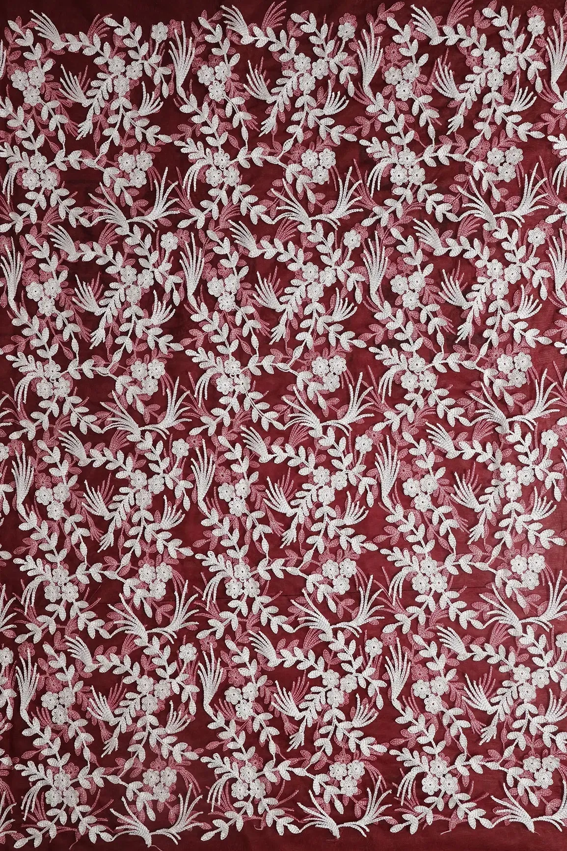 2.25 Meter Cut Piece Of White Thread Floral Embroidery On Maroon Soft Net Fabric