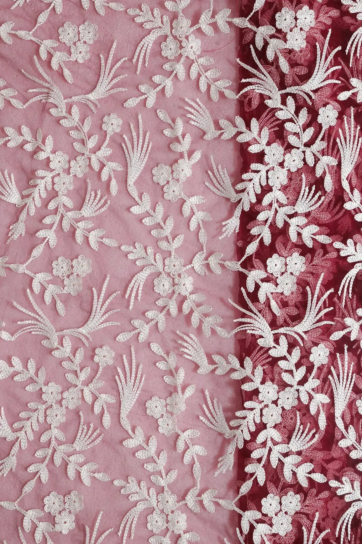 2.25 Meter Cut Piece Of White Thread Floral Embroidery On Maroon Soft Net Fabric