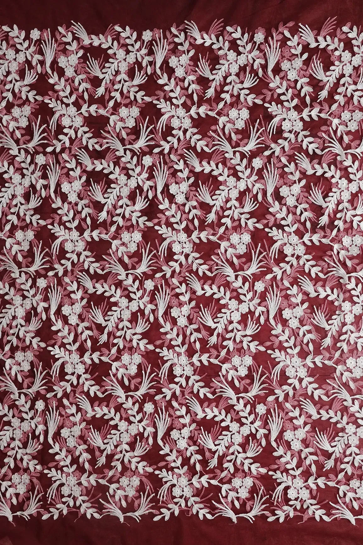 2.25 Meter Cut Piece Of White Thread Floral Embroidery On Maroon Soft Net Fabric