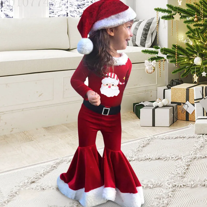 3 piece set of teddy top and flare pants in cute red velvet with Christmas theme