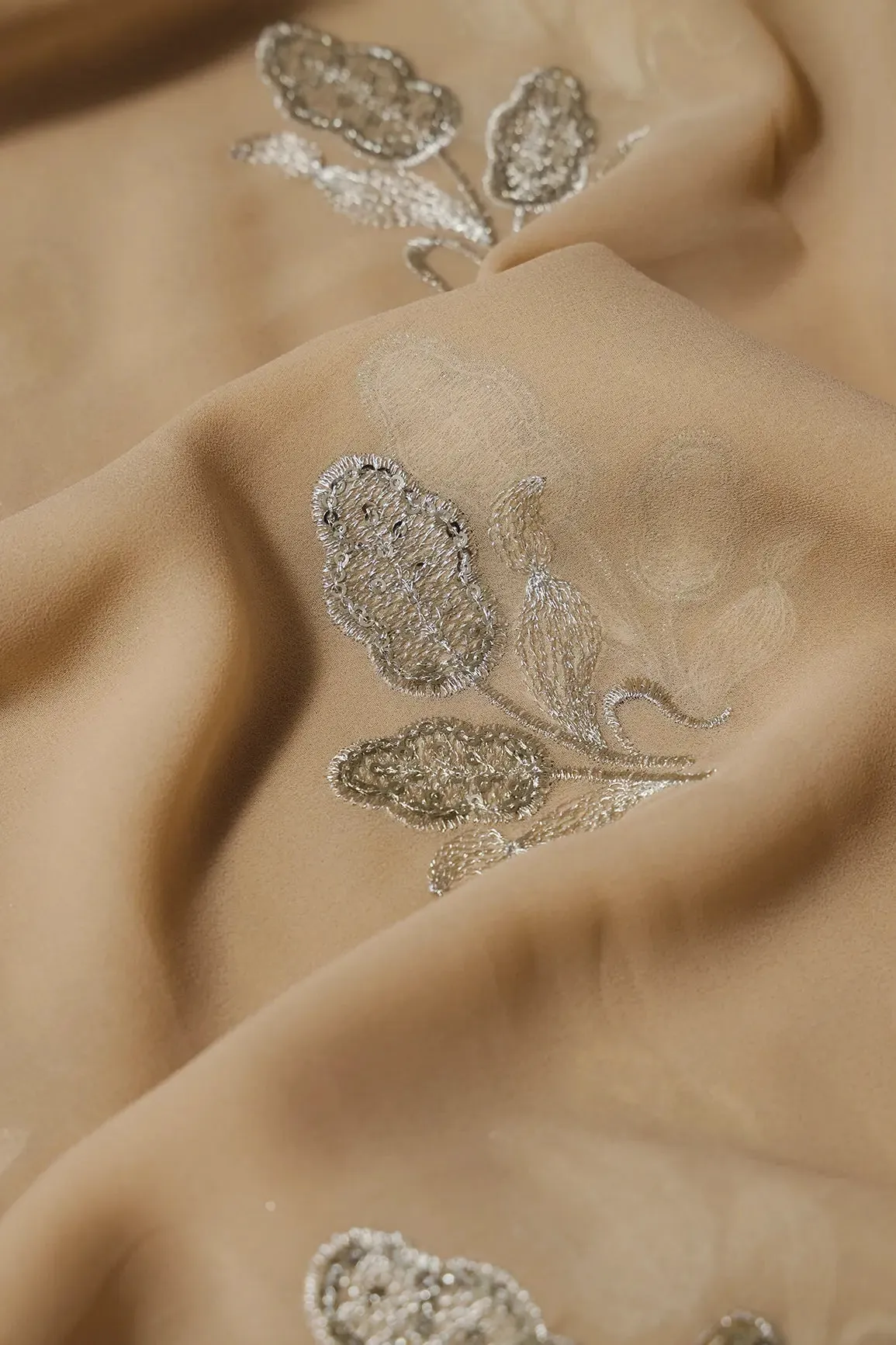3.75 Meter Cut Piece Of Gold Zari With Sequins Floral Embroidery On Beige Georgette Fabric