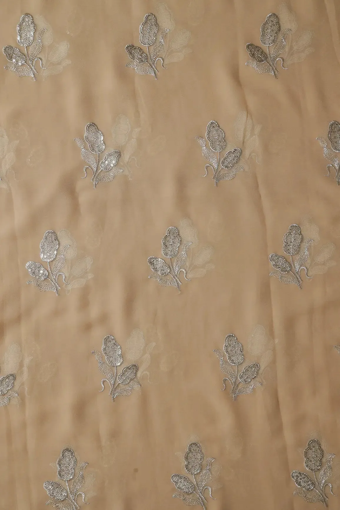 3.75 Meter Cut Piece Of Gold Zari With Sequins Floral Embroidery On Beige Georgette Fabric