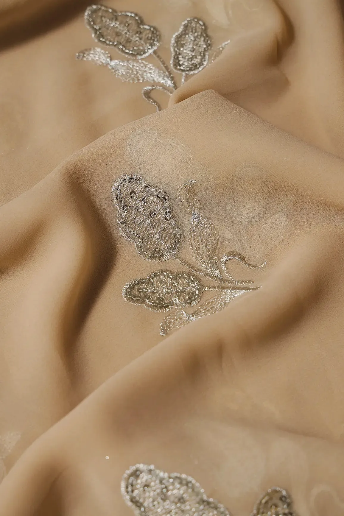 3.75 Meter Cut Piece Of Gold Zari With Sequins Floral Embroidery On Beige Georgette Fabric
