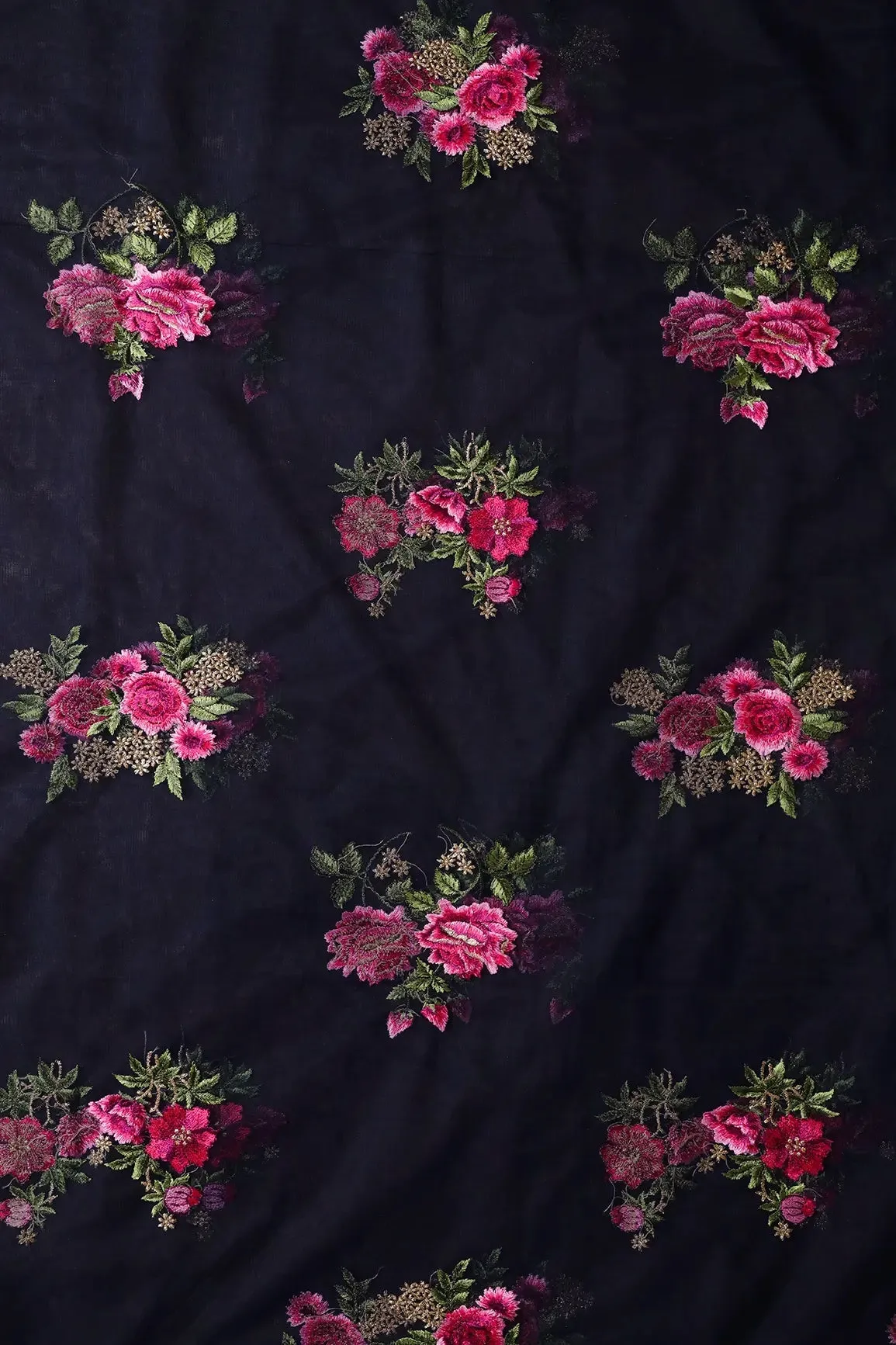 4.25 Meter Cut Piece Of Pink And Olive Thread With Gold Zari Floral Embroidery On Navy Blue Soft Net Fabric
