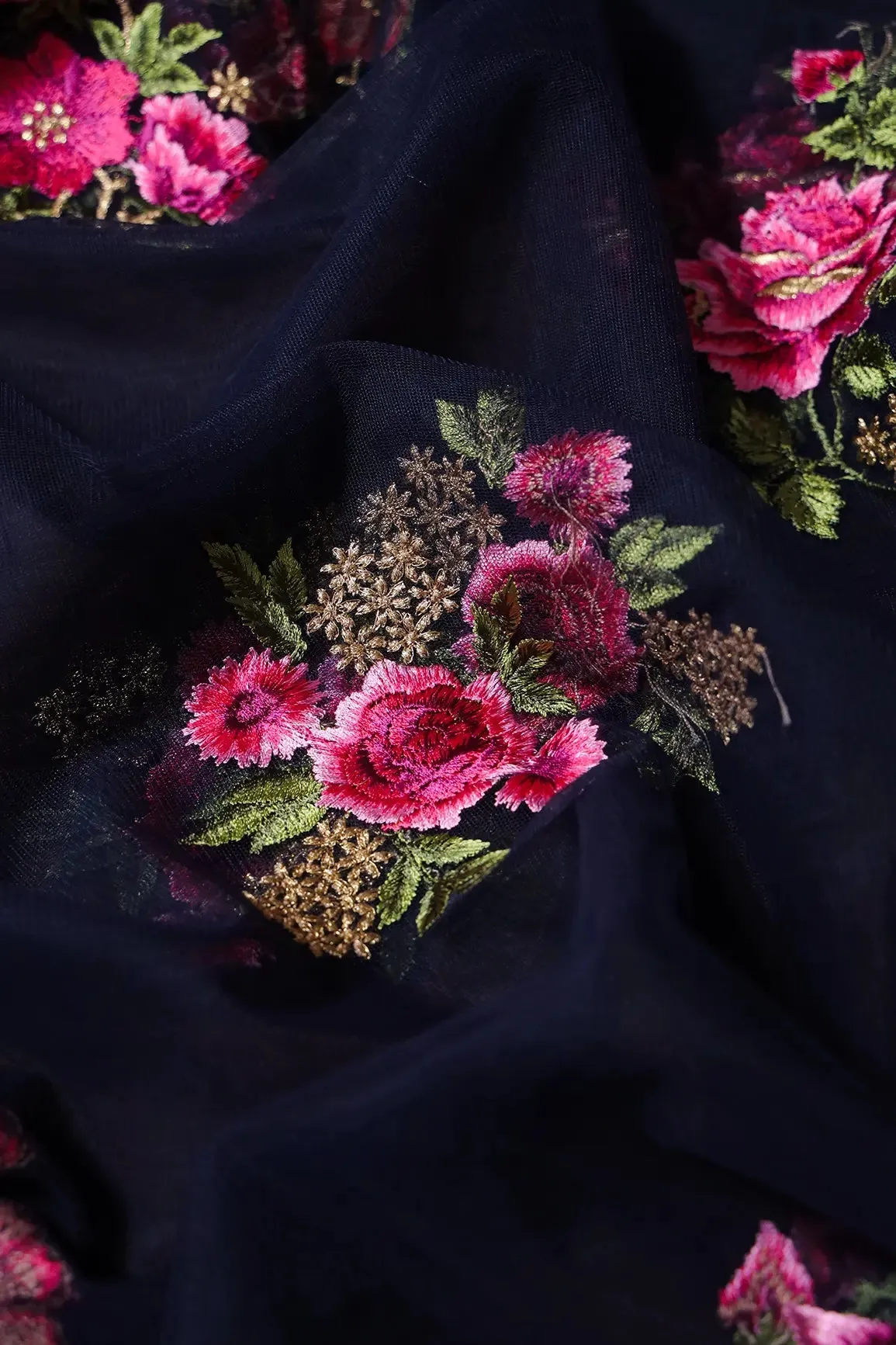 4.25 Meter Cut Piece Of Pink And Olive Thread With Gold Zari Floral Embroidery On Navy Blue Soft Net Fabric