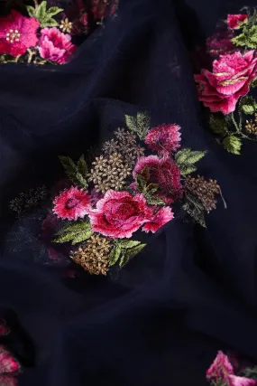 4.25 Meter Cut Piece Of Pink And Olive Thread With Gold Zari Floral Embroidery On Navy Blue Soft Net Fabric