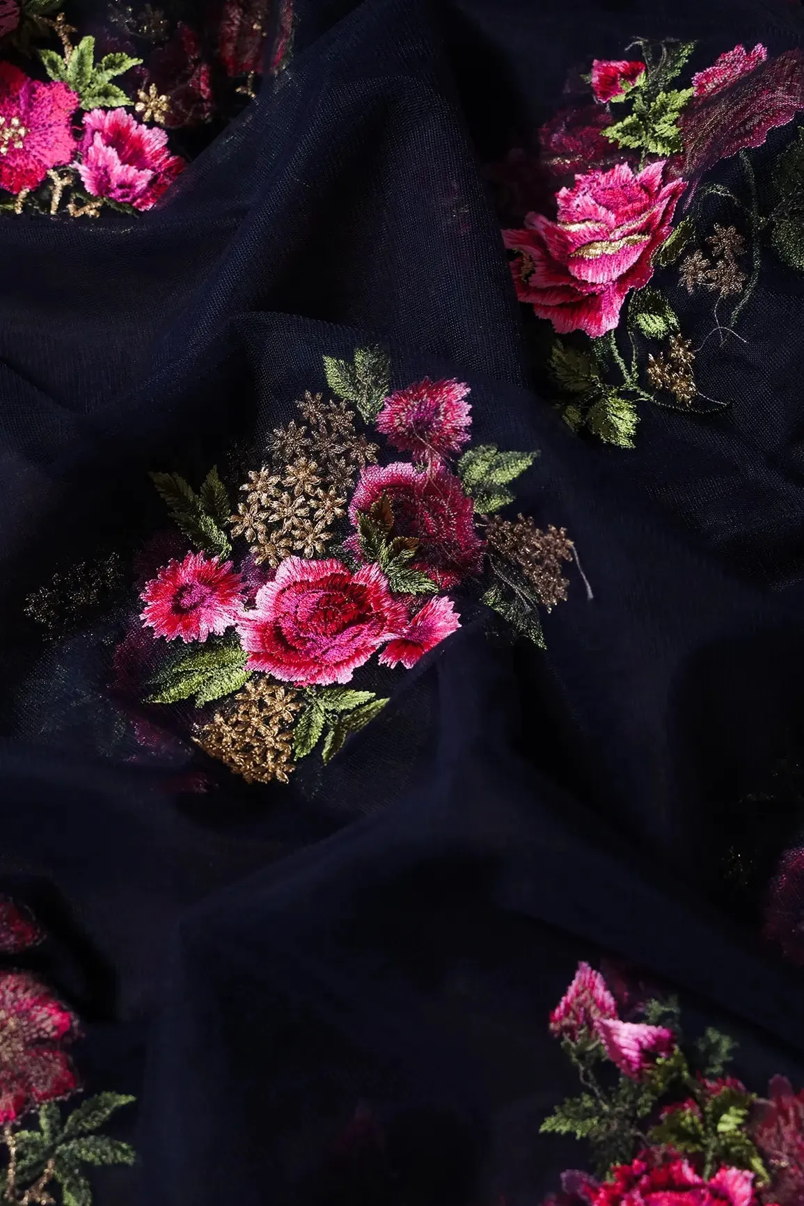 4.25 Meter Cut Piece Of Pink And Olive Thread With Gold Zari Floral Embroidery On Navy Blue Soft Net Fabric