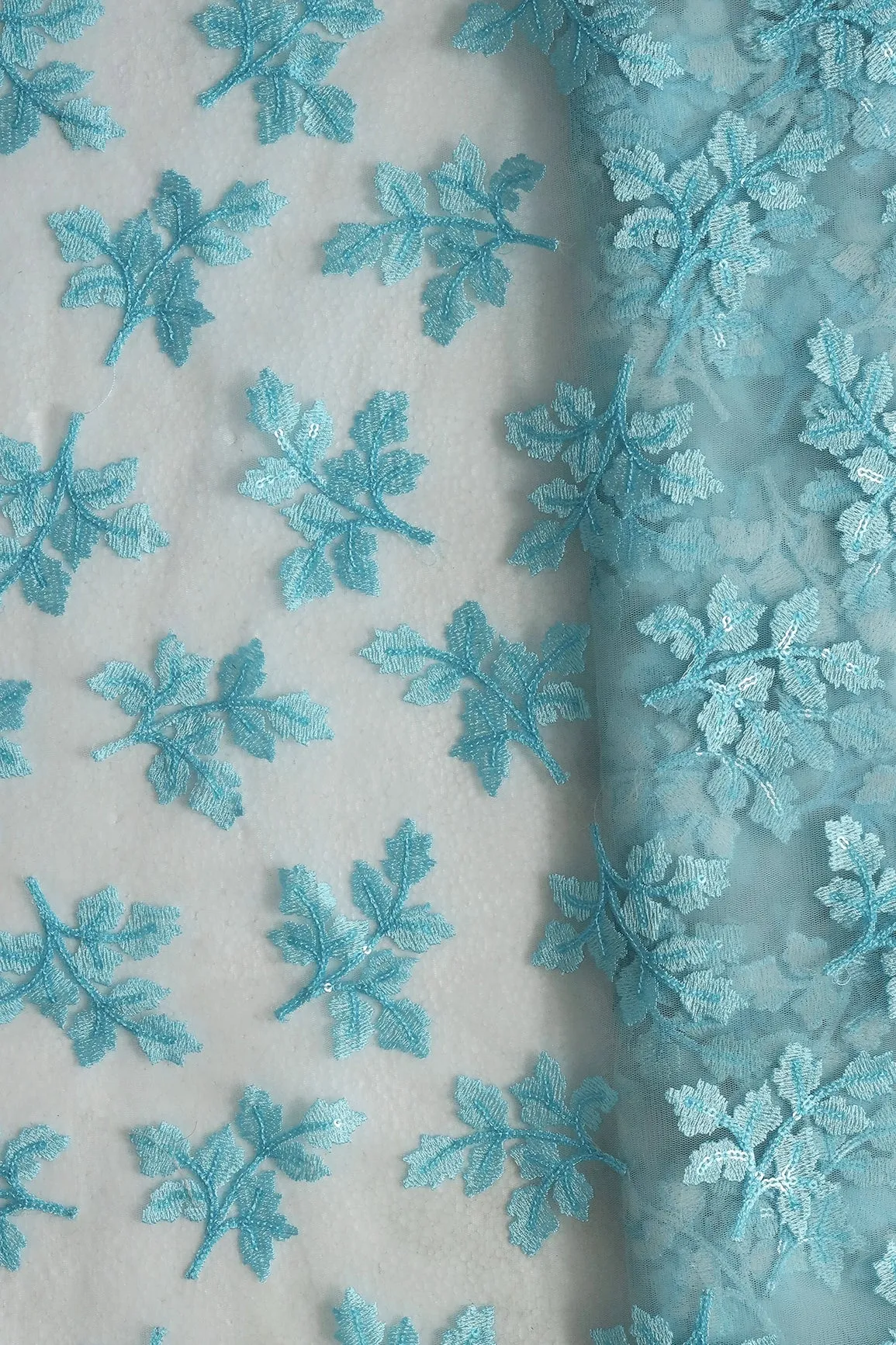 7 Meter Cut Piece Of Sky Thread With Sequins Floral Leafy Embroidery On Sky Soft Net Fabric