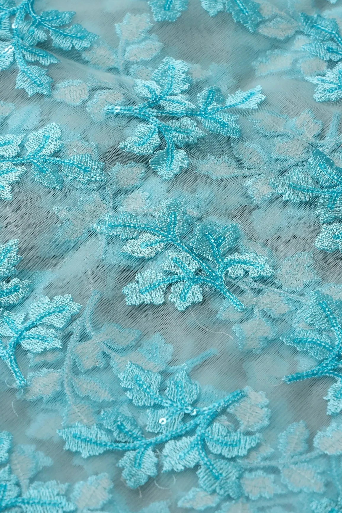 7 Meter Cut Piece Of Sky Thread With Sequins Floral Leafy Embroidery On Sky Soft Net Fabric