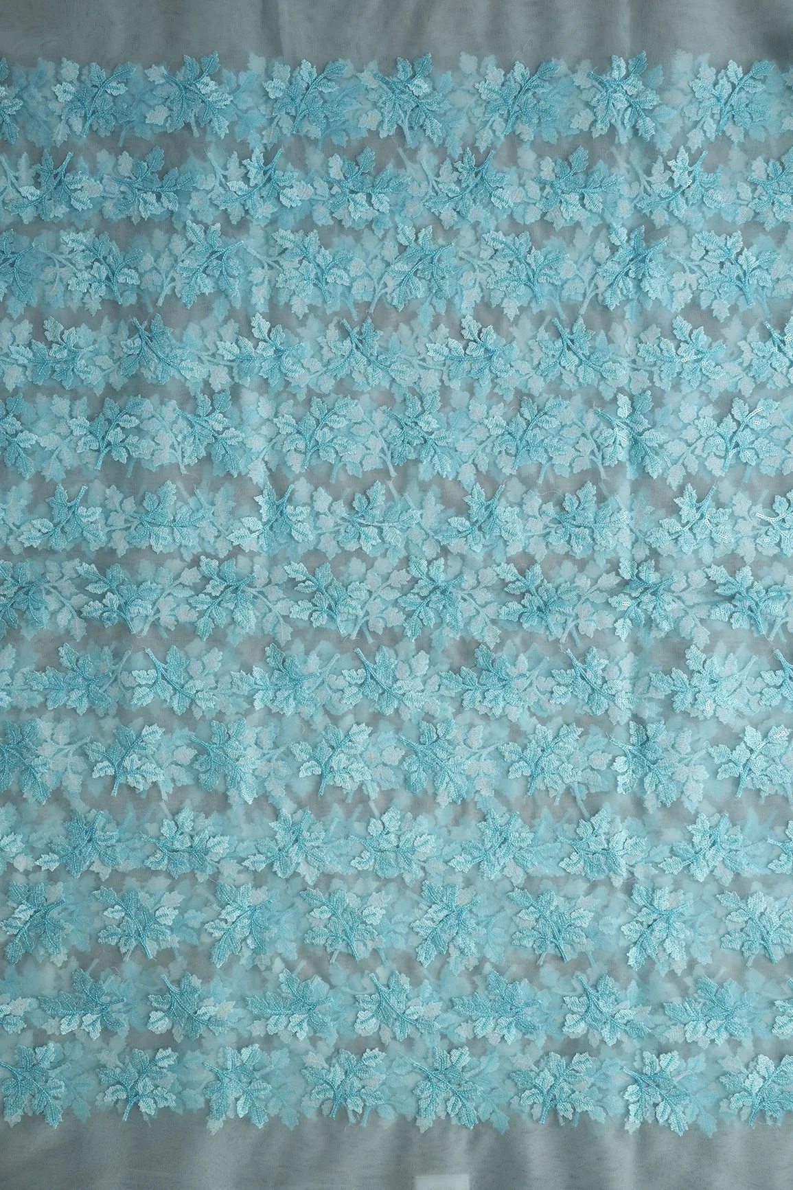 7 Meter Cut Piece Of Sky Thread With Sequins Floral Leafy Embroidery On Sky Soft Net Fabric