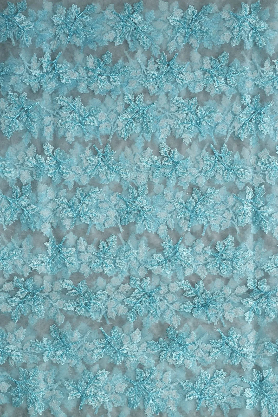 7 Meter Cut Piece Of Sky Thread With Sequins Floral Leafy Embroidery On Sky Soft Net Fabric