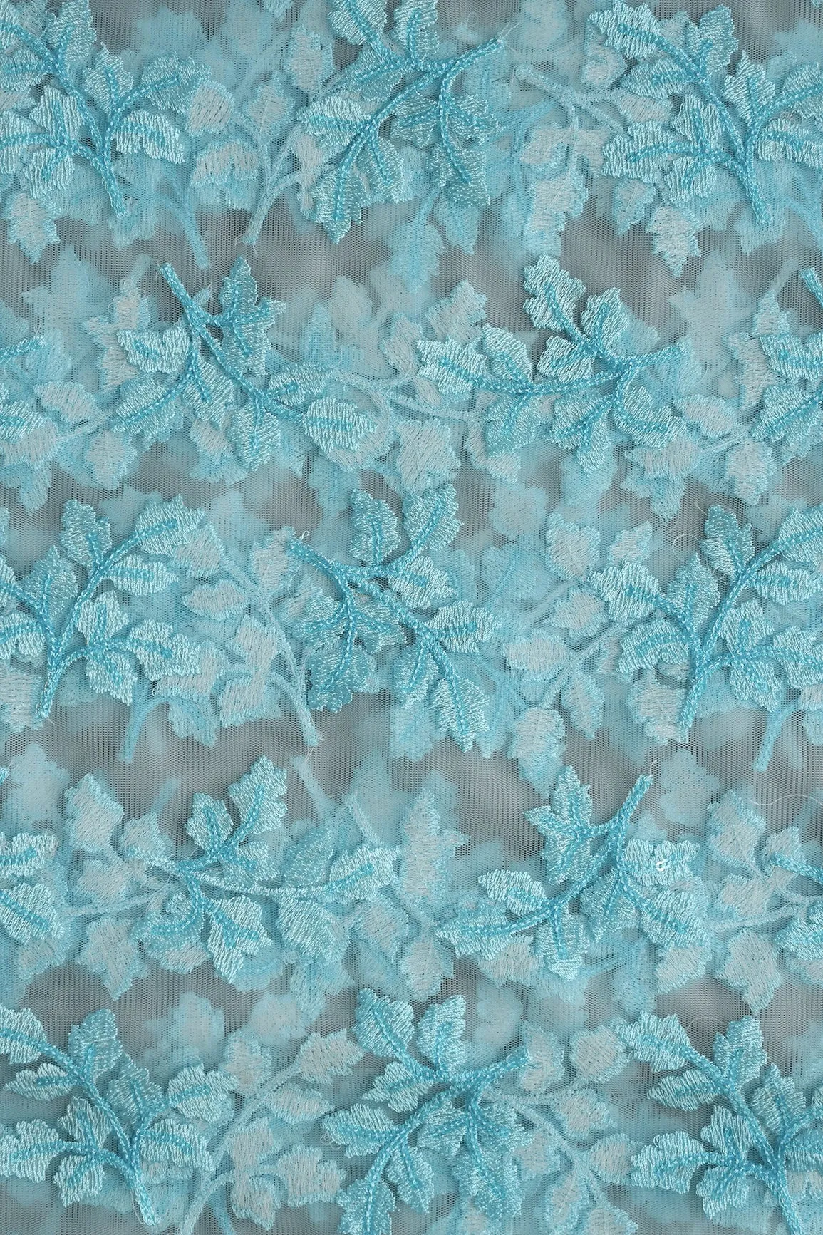 7 Meter Cut Piece Of Sky Thread With Sequins Floral Leafy Embroidery On Sky Soft Net Fabric