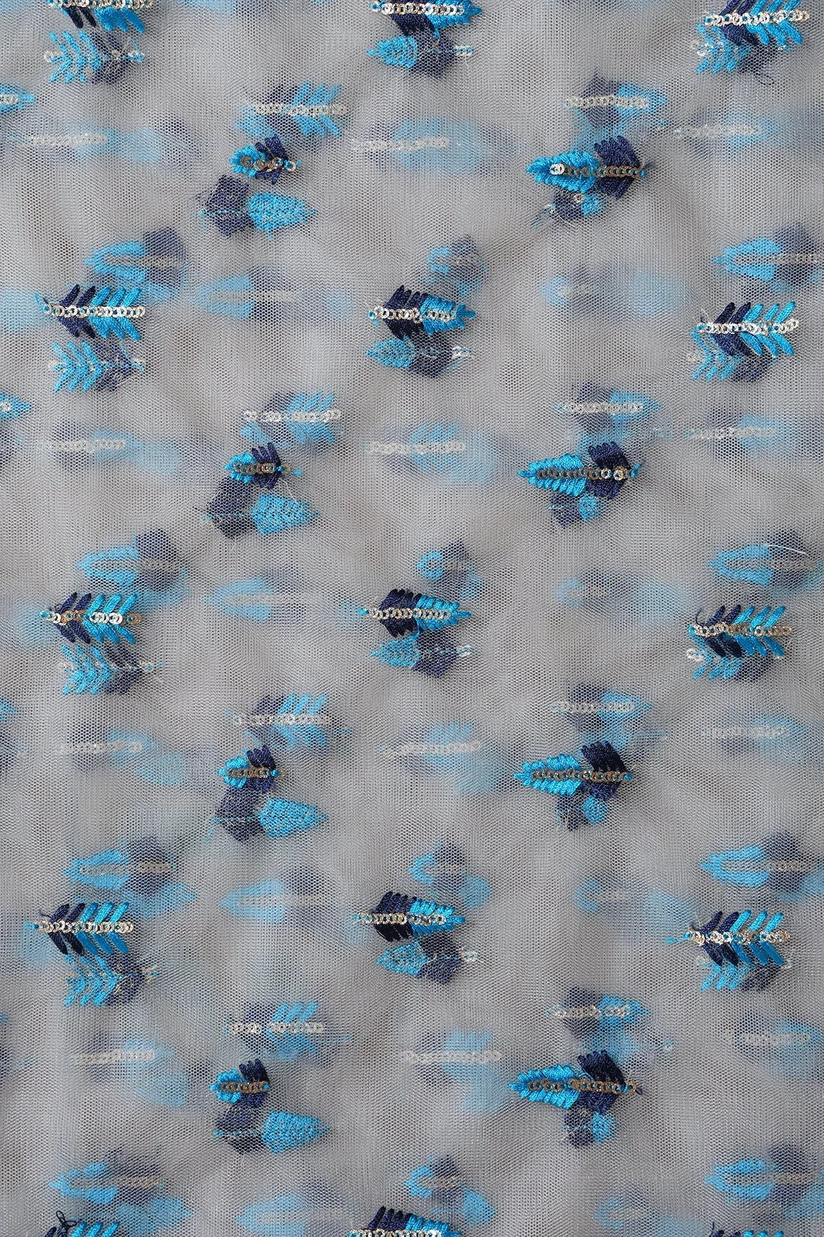 7.75 Meter Cut Piece Of Blue Thread With Gold Sequins Small Leafy Embroidery On Grey Soft Net Fabric