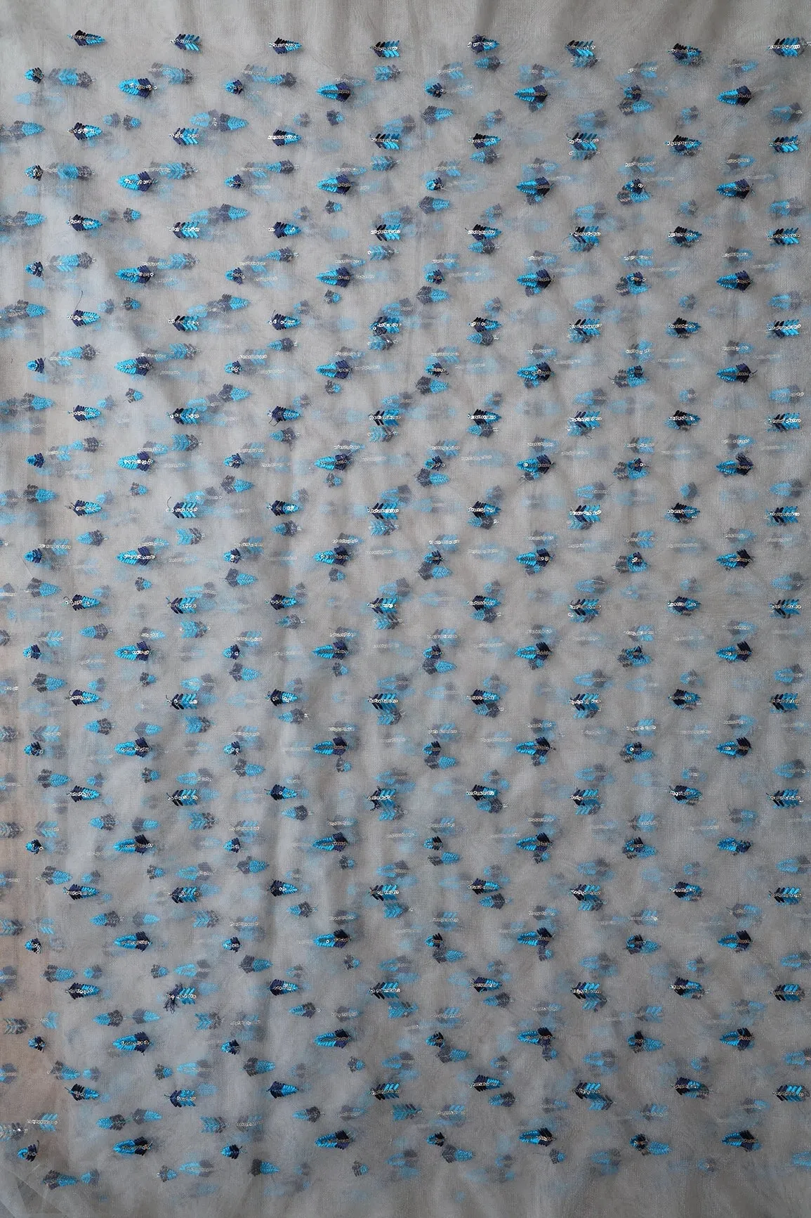 7.75 Meter Cut Piece Of Blue Thread With Gold Sequins Small Leafy Embroidery On Grey Soft Net Fabric