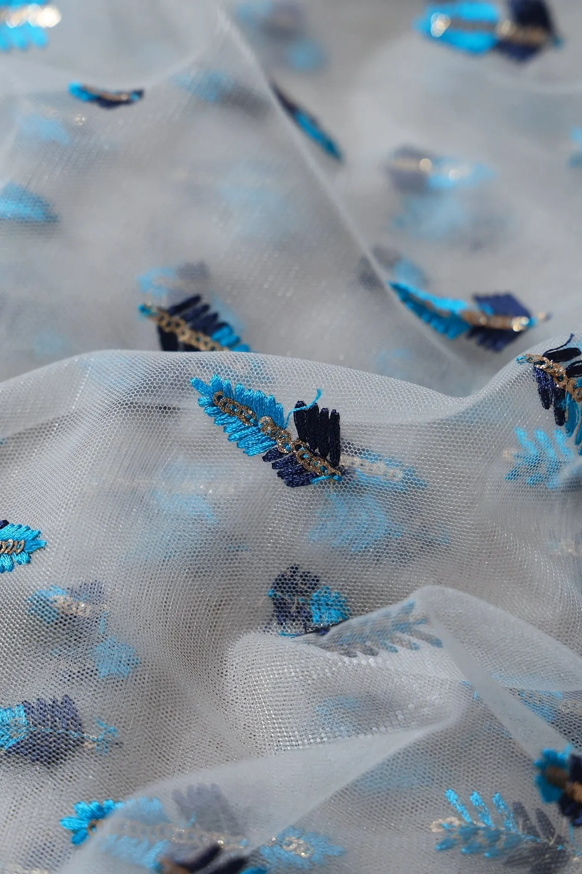 7.75 Meter Cut Piece Of Blue Thread With Gold Sequins Small Leafy Embroidery On Grey Soft Net Fabric