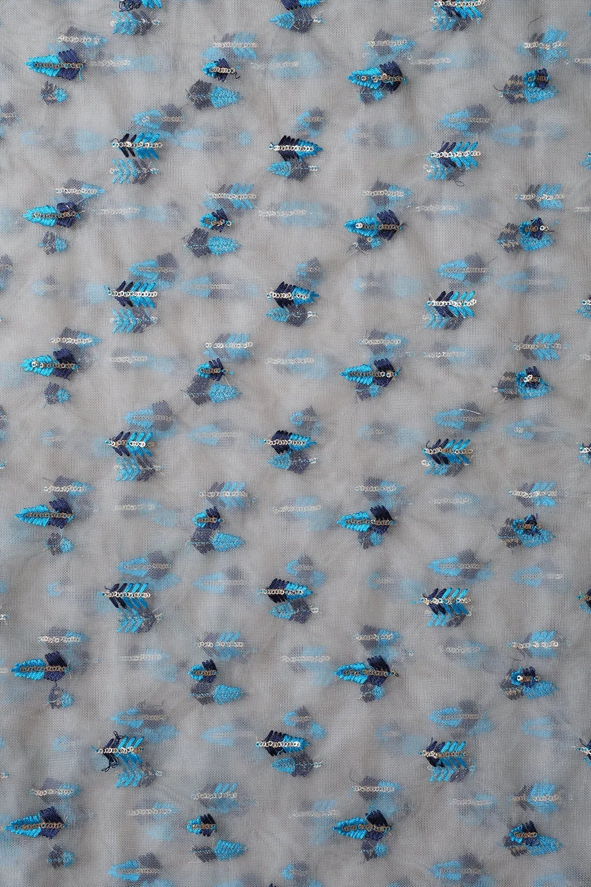 7.75 Meter Cut Piece Of Blue Thread With Gold Sequins Small Leafy Embroidery On Grey Soft Net Fabric