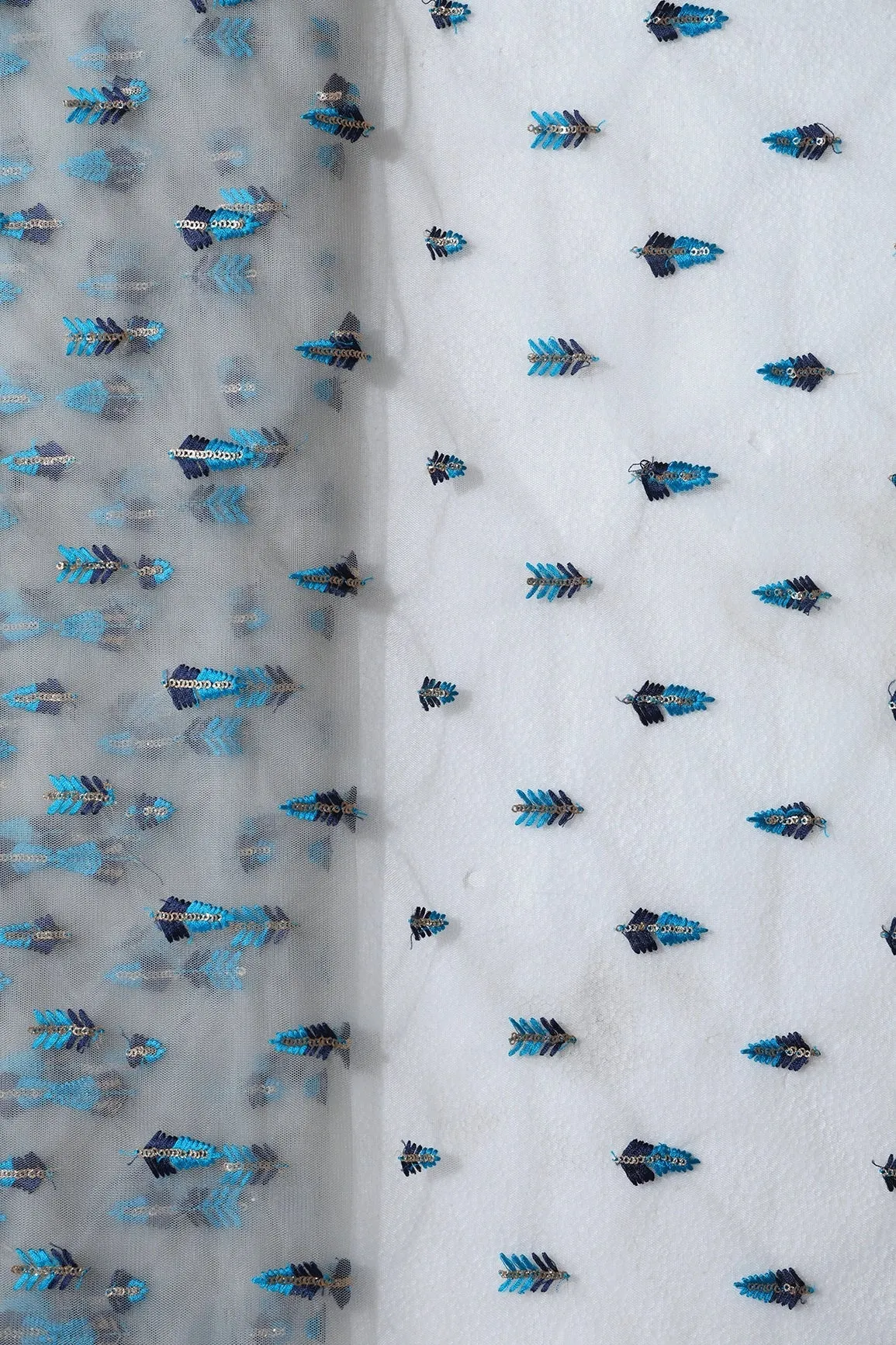 7.75 Meter Cut Piece Of Blue Thread With Gold Sequins Small Leafy Embroidery On Grey Soft Net Fabric