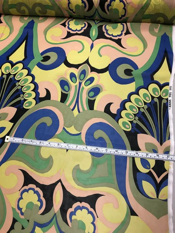 Anna Sui Bold Graphic Printed Silk Chiffon - Green / Blue / Tan