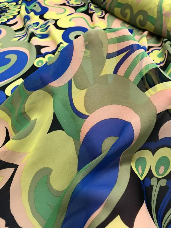 Anna Sui Bold Graphic Printed Silk Chiffon - Green / Blue / Tan
