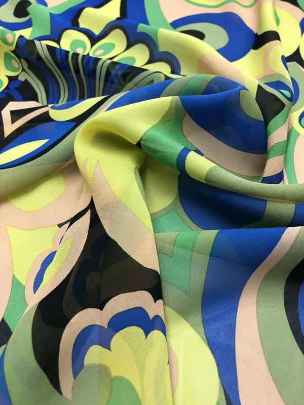 Anna Sui Bold Graphic Printed Silk Chiffon - Green / Blue / Tan