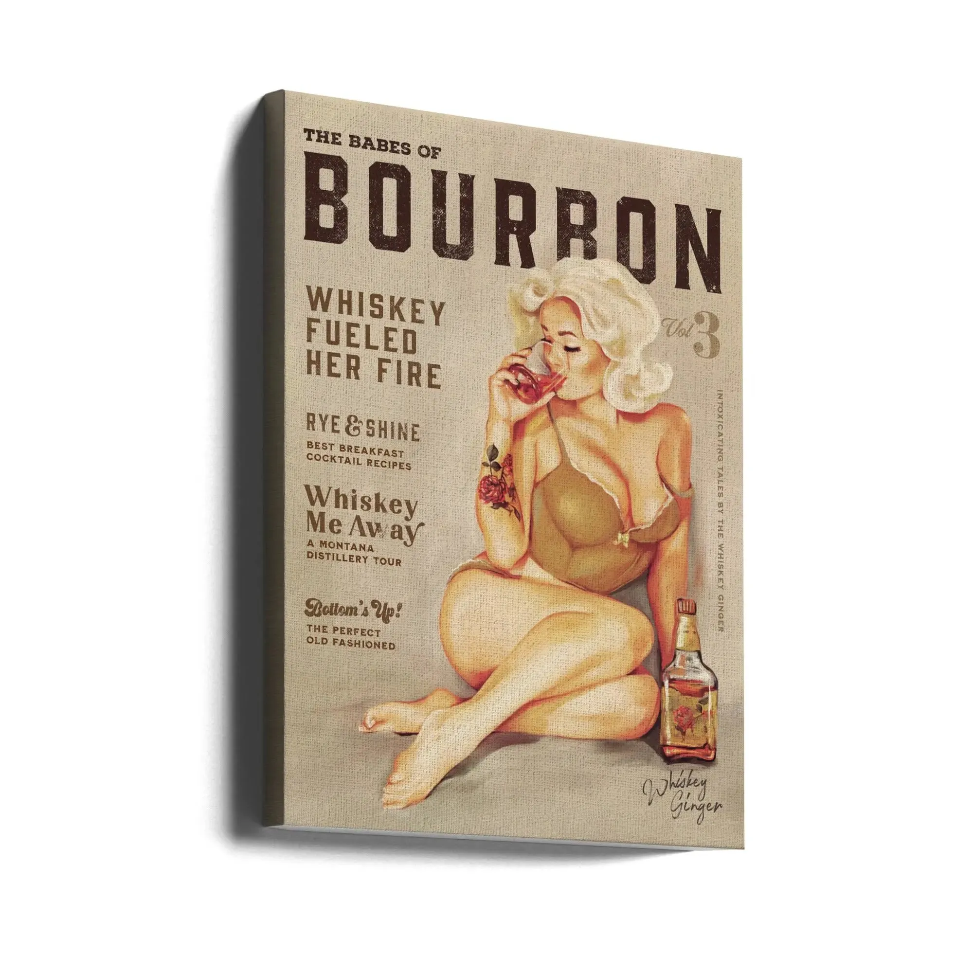 Babes of Bourbon Vol 3 Sexy Vintage Pin Up Girl Drinking Whiskey - Stretched Canvas, Poster or Fine Art Print