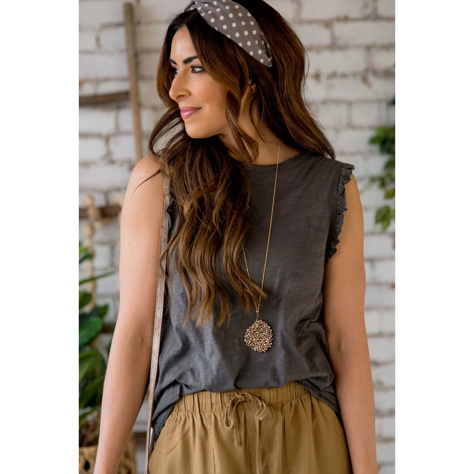 Basic Heathered Ruffle Trim Tank