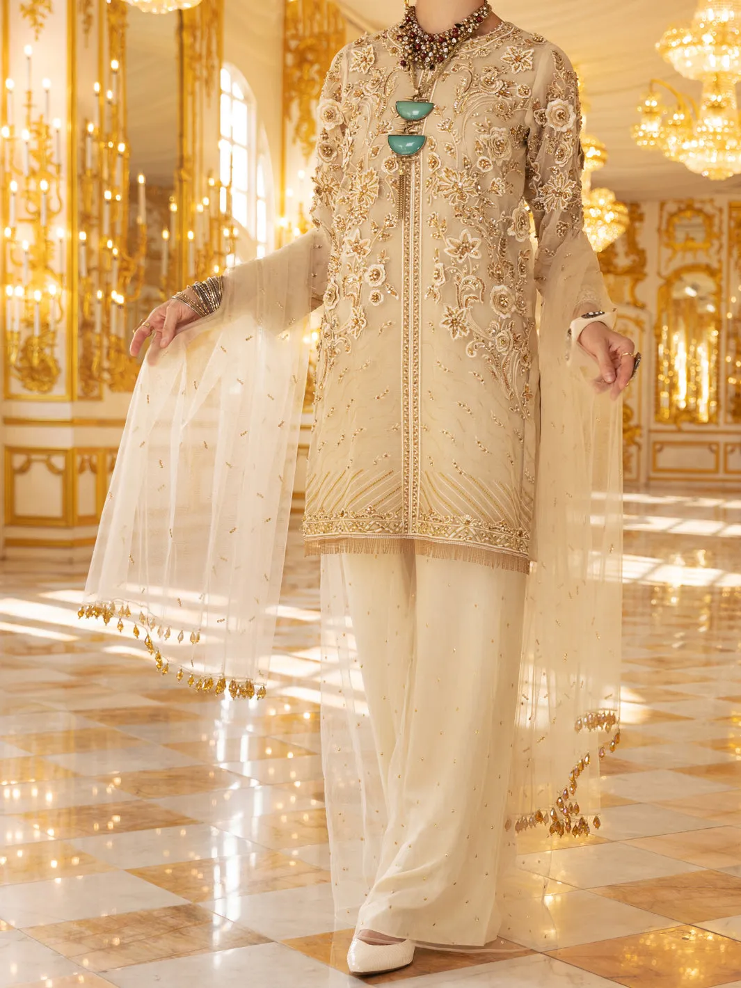 Beige Organza 3 Piece Formal Unstitched - AL-3PS-LS-UN-357