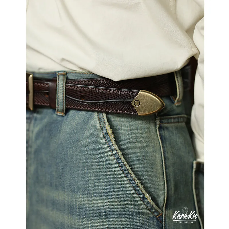 Botanical Pattern Genuine Leather Belt