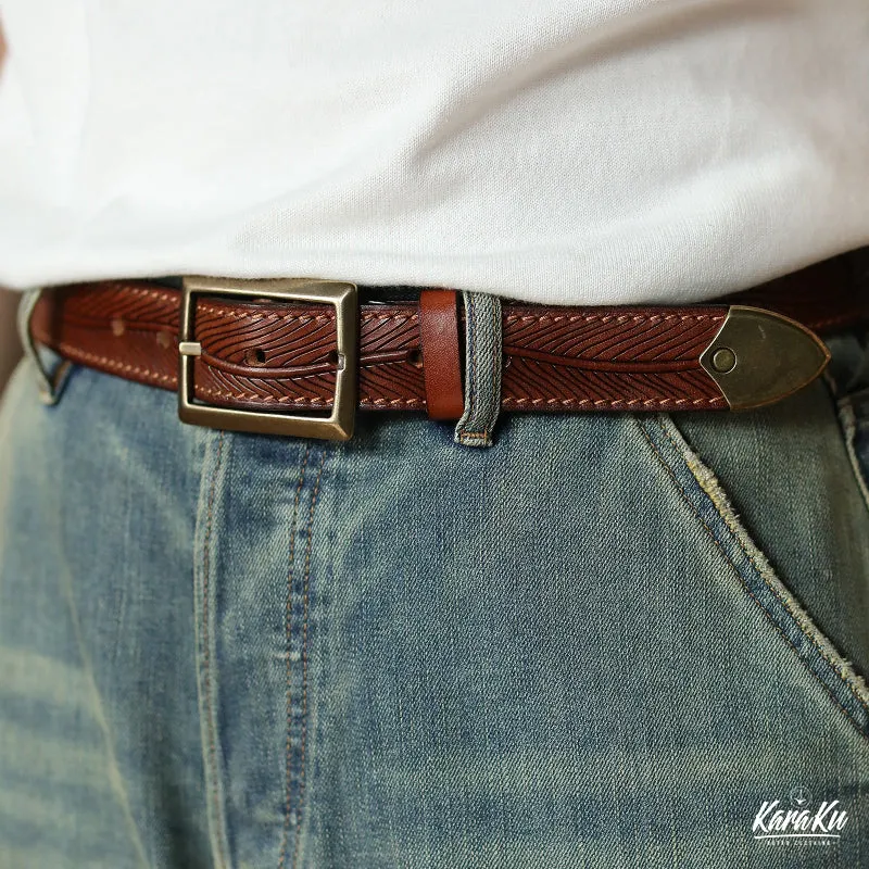 Botanical Pattern Genuine Leather Belt