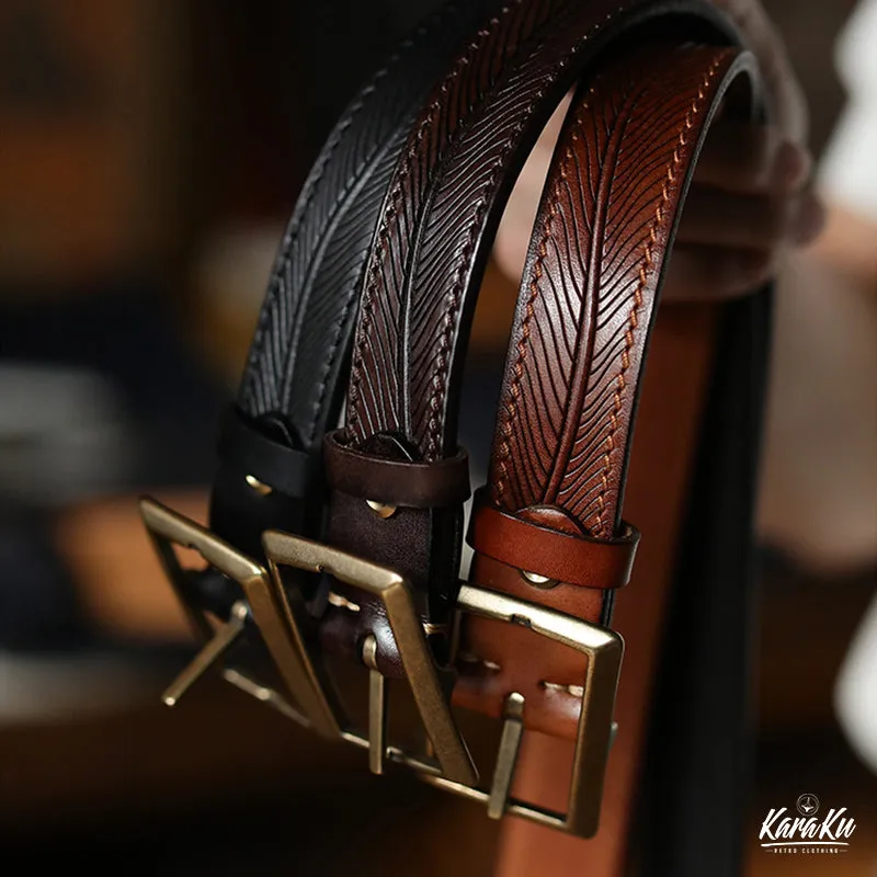 Botanical Pattern Genuine Leather Belt