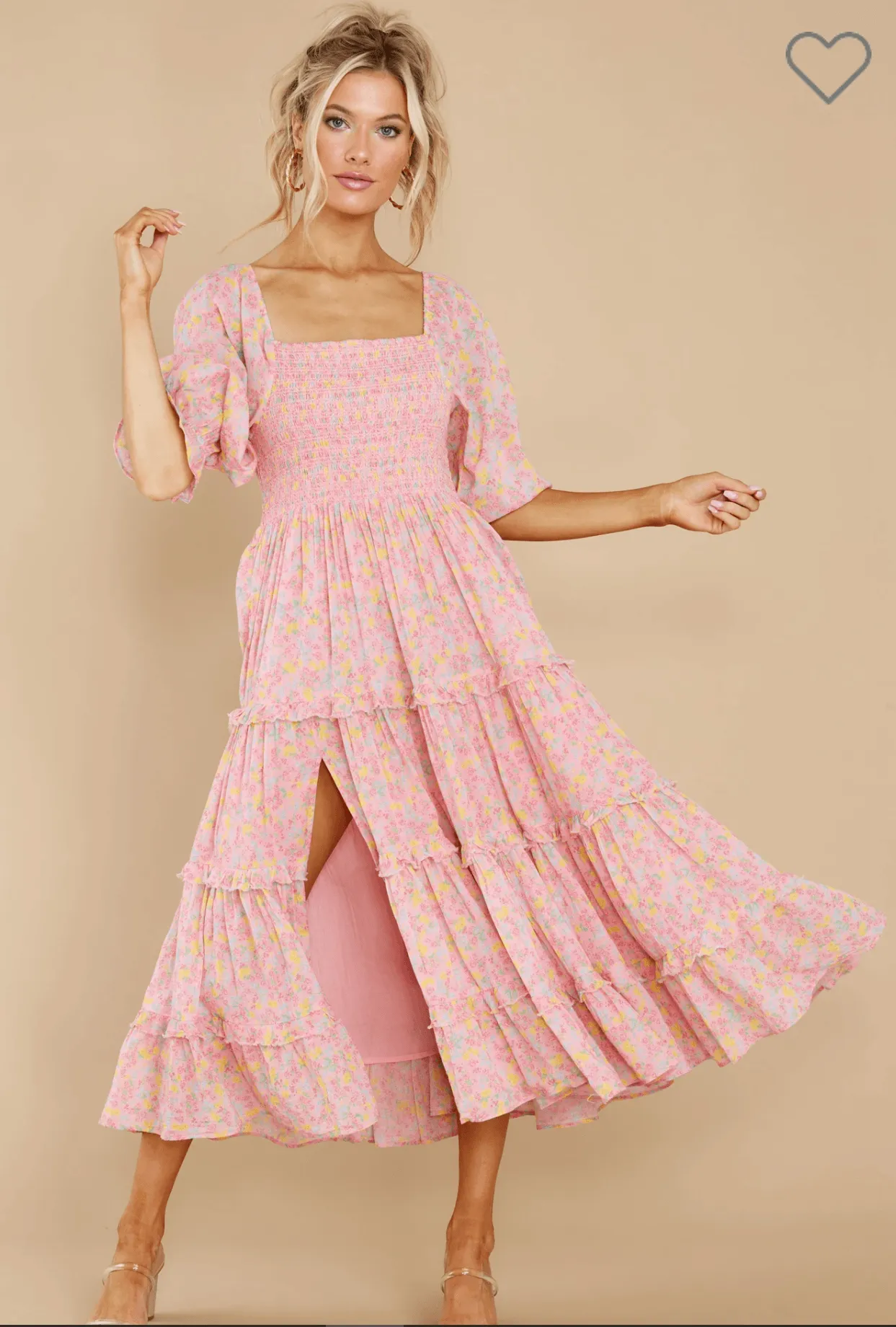 Capri tiered shirred floral-print midi dress in Melon Punch