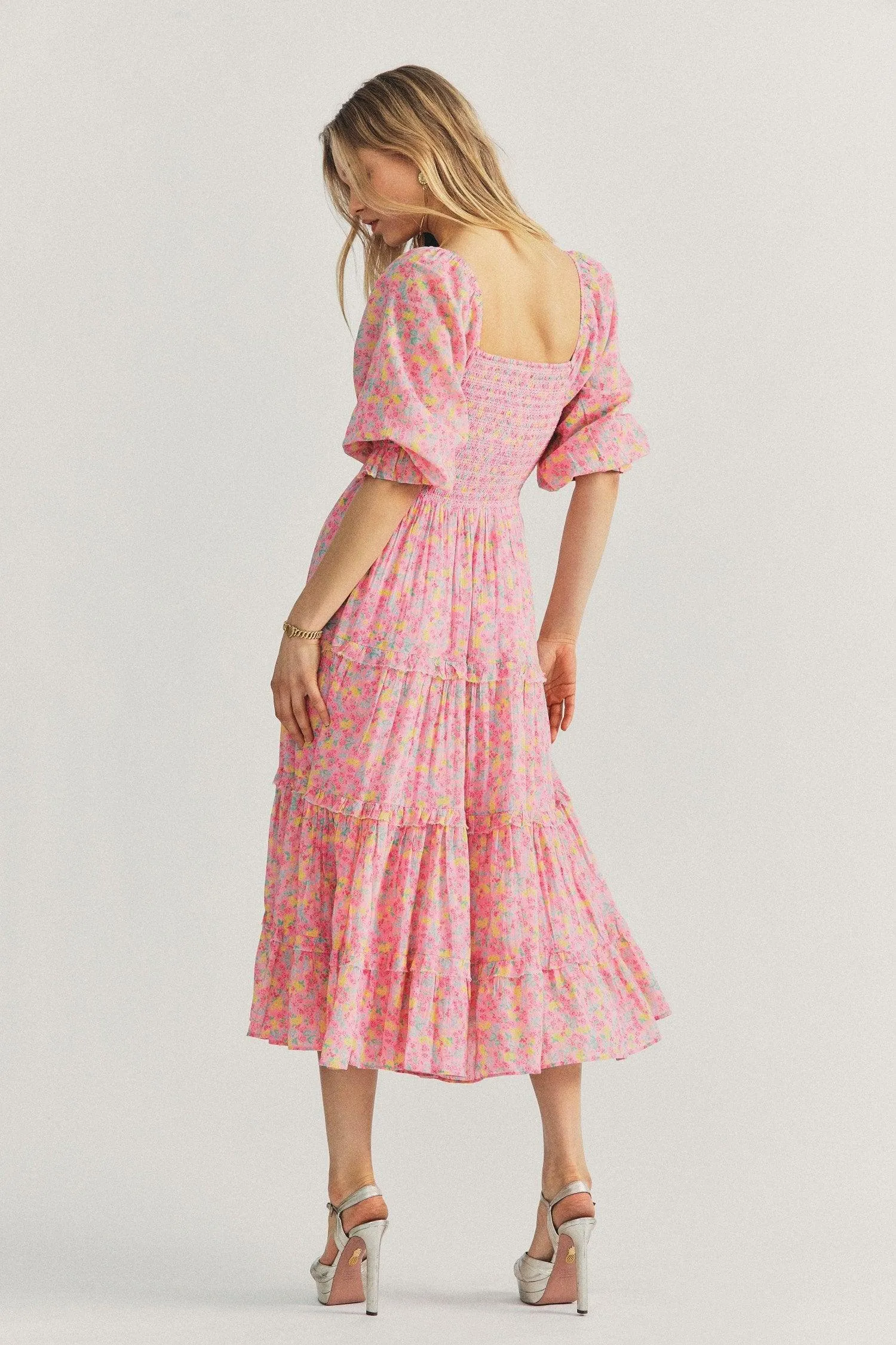 Capri tiered shirred floral-print midi dress in Melon Punch