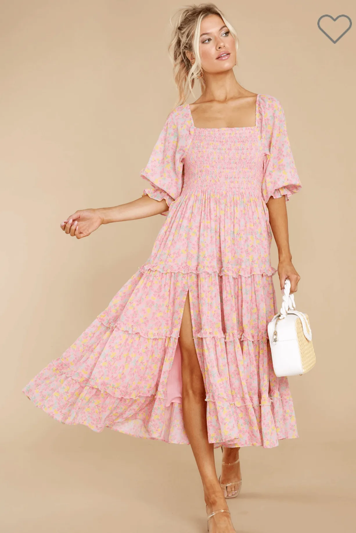 Capri tiered shirred floral-print midi dress in Melon Punch
